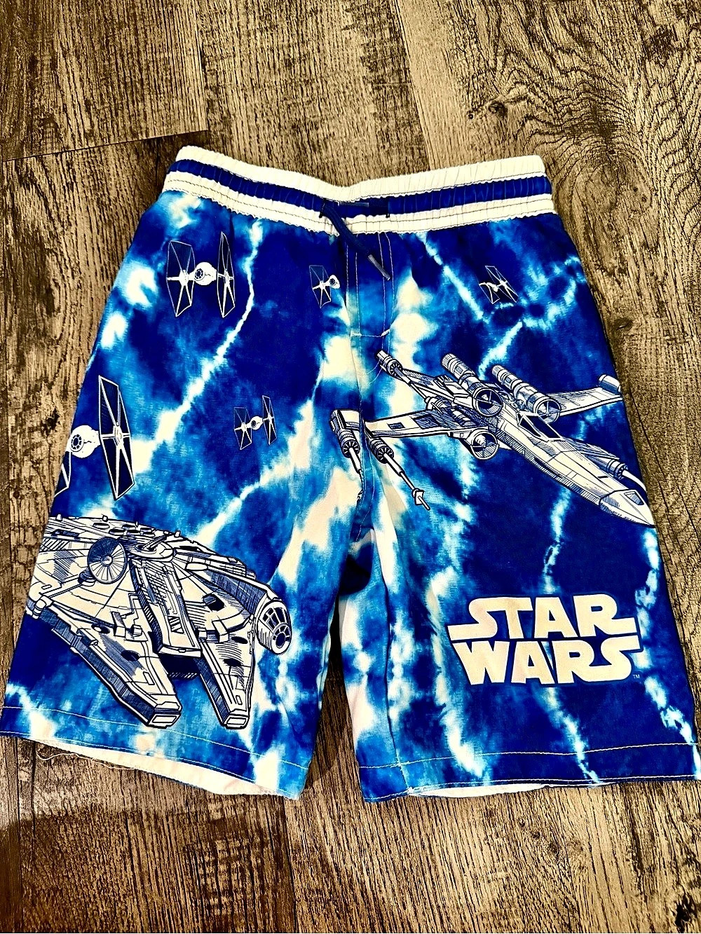 Star Wars Boys Spaceship Tie-Dye Swim Trunks Blue & White Boys 5/6